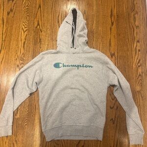 Champion Light Gray Pullover Hoodie with Navy Trim